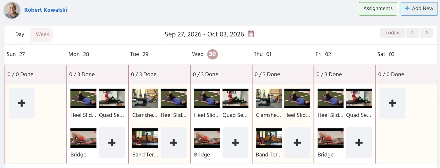 PtEverywhere home exercise program: a patient's weekly plan with exercise videos and completion tracking