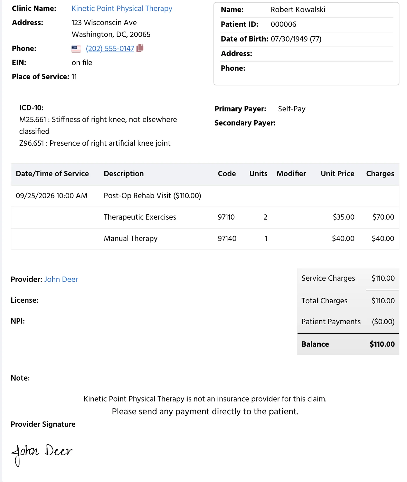 PtEverywhere invoice with ICD-10 diagnoses, CPT codes, units and charges